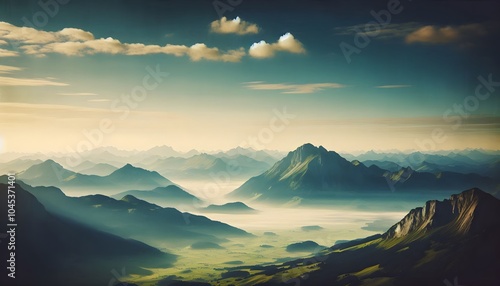 a view of a mountain range with clouds and mountains in the distance, with a sun shining through the clouds, Arthur Pan, sumatraism, mountains, a matte painting photo