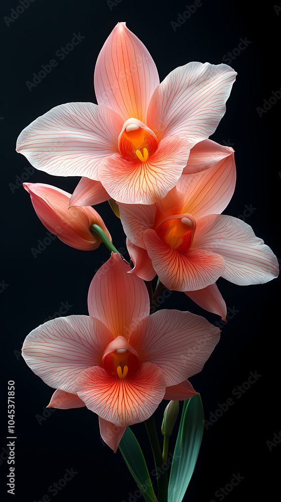 Fototapeta premium A delicate close-up of a blooming cattleya orchid in a spring garden, showcasing the beauty of nature with its bright petals .