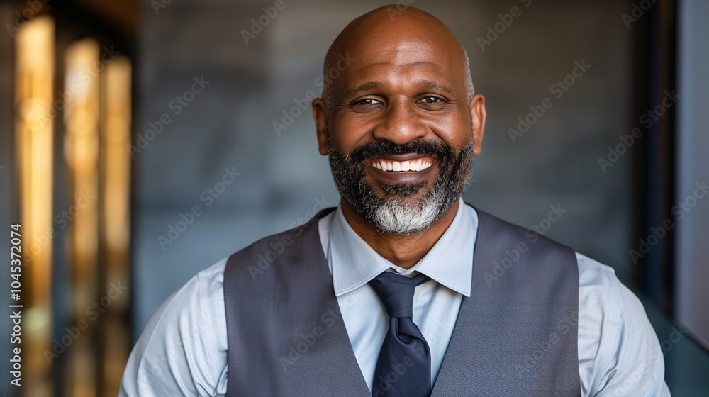 Retrato de hombre negro con barba y calvo sonriente con traje y corbata Retrato de hombre negro con barba y calvo sonriente con traje y corbata