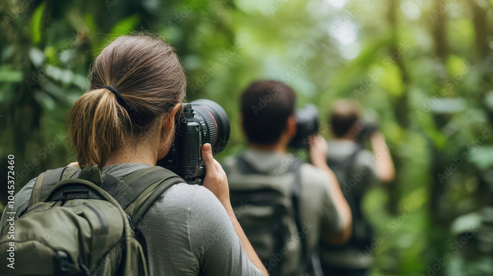 Photographers capture nature in a lush, green forest, showcasing outdoor adventure and creativity in a vibrant environment. Photographers capture nature in a lush, green forest, showcasing outdoor adventure and creativity in a vibrant environment.