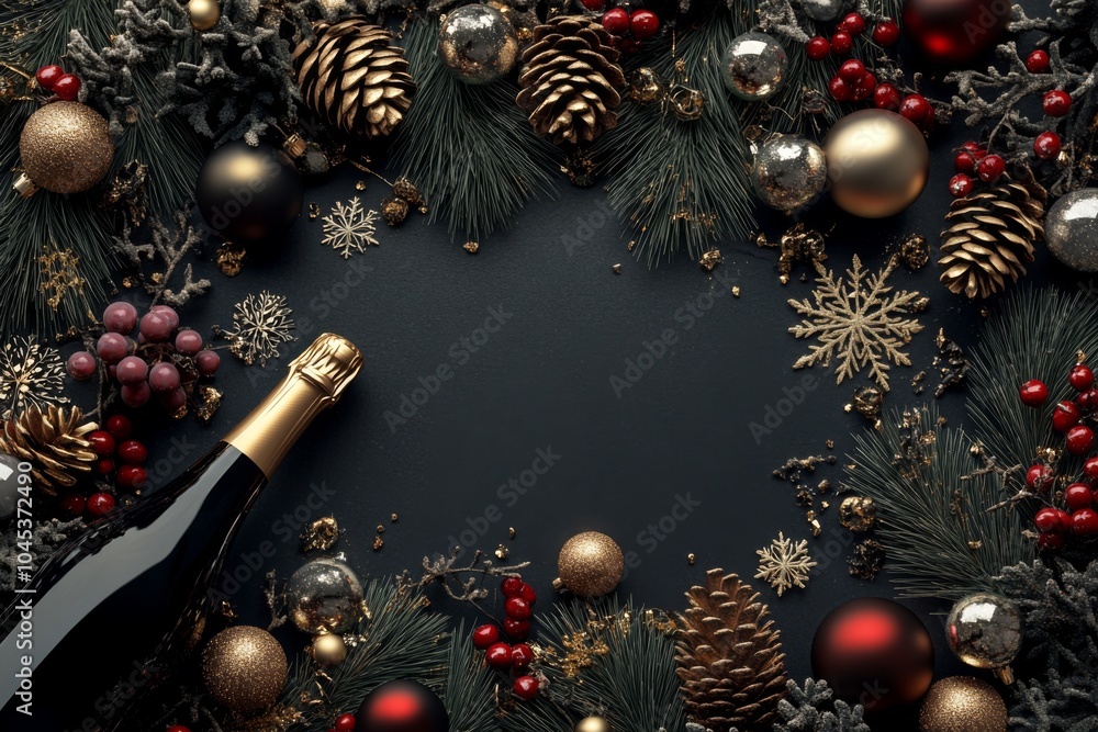New Year's Decoration with Red Wine and Champagne Bottle on Dark Background Featuring Christmas Decorations New Year's Decoration with Red Wine and Champagne Bottle on Dark Background Featuring Christmas Decorations