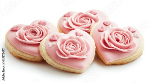 Valentine Day cookies decorated with roses and hearts, perfect for the holiday, isolated on white background