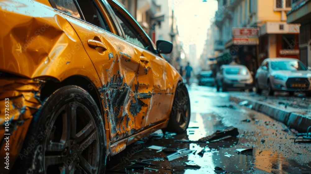 Fototapeta premium Close-up of accident-damaged car on urban street 