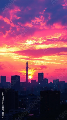 Vibrant Sunset over City Skyline in Anime Style