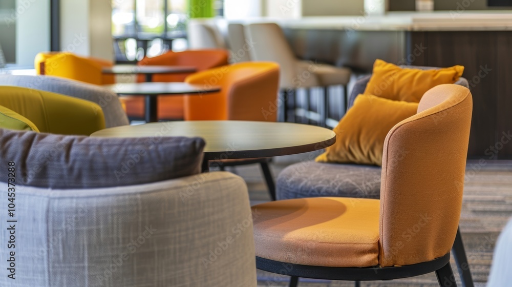 Obraz premium Comfortable colorful armchairs and a small round table creating a cozy atmosphere in a hotel lobby, inviting guests to unwind