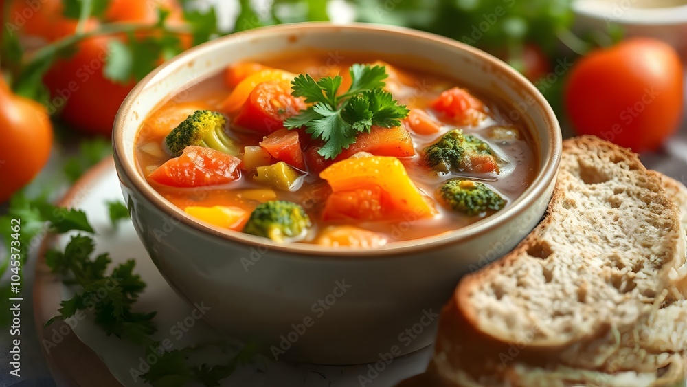 Hearty low-calorie vegetable soup packed with nutrients for healthy New Year resolutions and comforting meals Hearty low-calorie vegetable soup packed with nutrients for healthy New Year resolutions and comforting meals