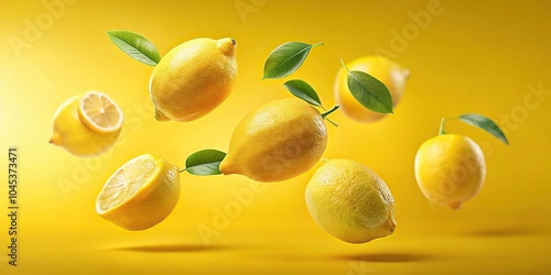 Close-Up hyperrealistic image of flying lemons on sunny yellow background