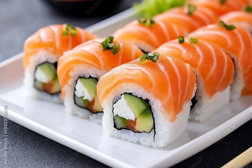 Fresh sushi rolls topped with salmon and garnished with green onions. Fresh sushi rolls topped with salmon and garnished with green onions.