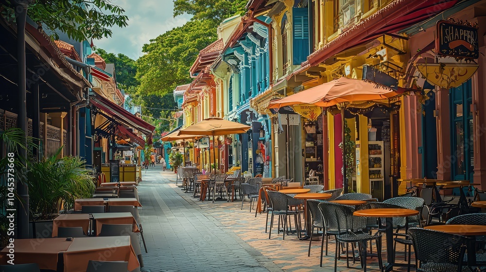 Fototapeta premium Vibrant Street Lined with Beautifully Designed Cafes