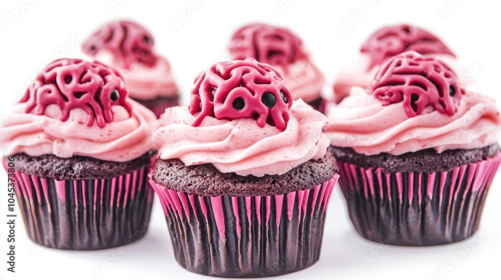 Zombie brain cupcakes with pink frosting and creepy details, isolated on white background Zombie brain cupcakes with pink frosting and creepy details, isolated on white background