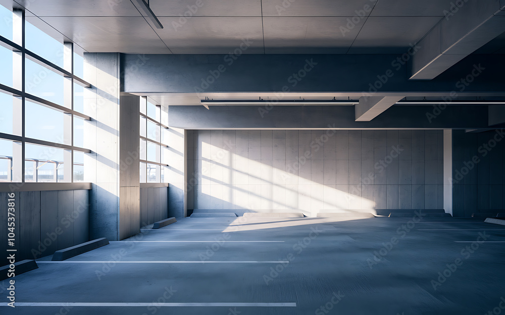 Empty concrete parking garage with light streaming through windows perfect for minimalist architecture and urban design projects Empty concrete parking garage with light streaming through windows perfect for minimalist architecture and urban design projects