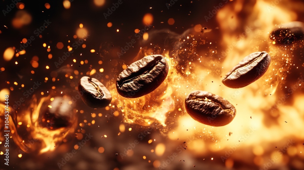 Dynamic Coffee Beans Against Fiery Background