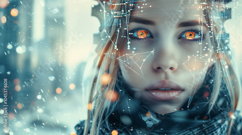 Futuristic woman with glowing cybernetic eyes in a tech-enhanced cityscape