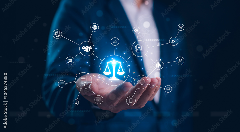 AI ethics or AI Law concept. Developing AI codes of ethics. Compliance, regulation, standard , business policy and responsibility for guarding against unintended bias in machine learning algorithms.