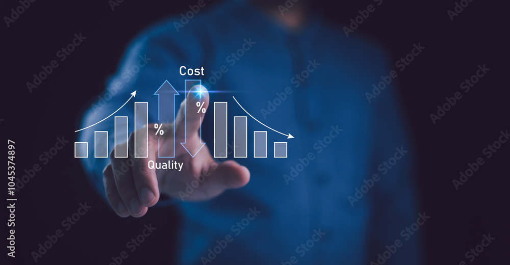 Cost and quality control, businessman touches a digital chart of the inverse relationship between cost and quality, falling bar graphs. Concept quality and cost in business decisions.