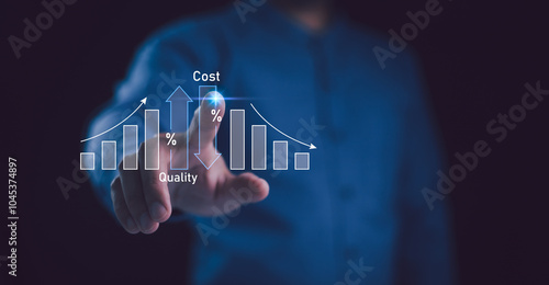 Cost and quality control, businessman touches a digital chart of the inverse relationship between cost and quality, falling bar graphs. Concept quality and cost in business decisions.