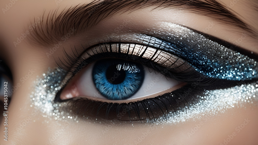 A close-up of a woman's smokey makeup with gray glitter shadow on fair skin and striking blue eyes creates a glamorous and sophisticated look. A close-up of a woman's smokey makeup with gray glitter shadow on fair skin and striking blue eyes creates a glamorous and sophisticated look.
