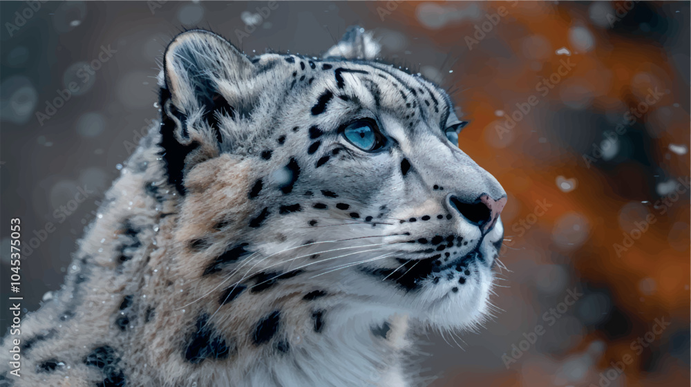 Obraz premium Beautiful portrait of a snow leopard in the snow in winter. Close-up photo of a snow leopard. Big cat. Poster print snow leopard.
