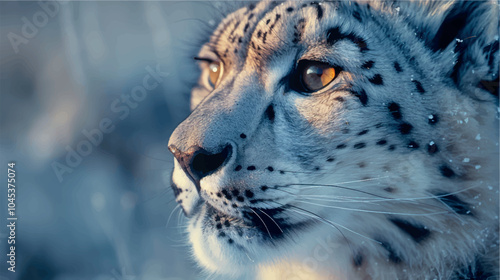 Beautiful portrait of a snow leopard in the snow in winter. Close-up photo of a snow leopard. Big cat. Poster print snow leopard.