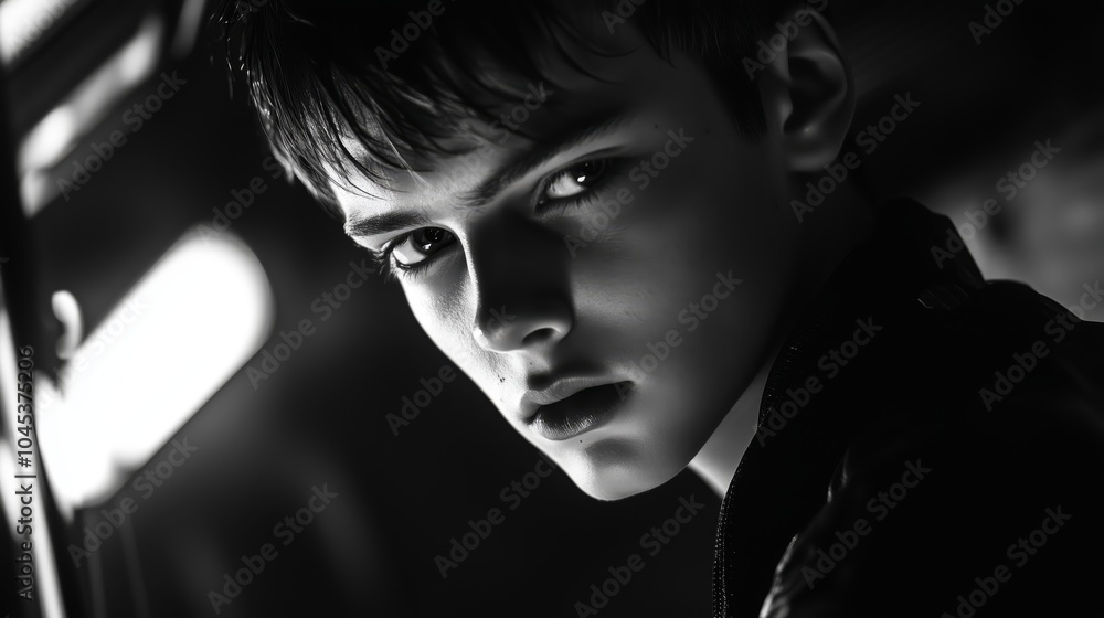Dramatic Black and White Portrait of a Young Man in Shadow - made with Generative AI Dramatic Black and White Portrait of a Young Man in Shadow - made with Generative AI