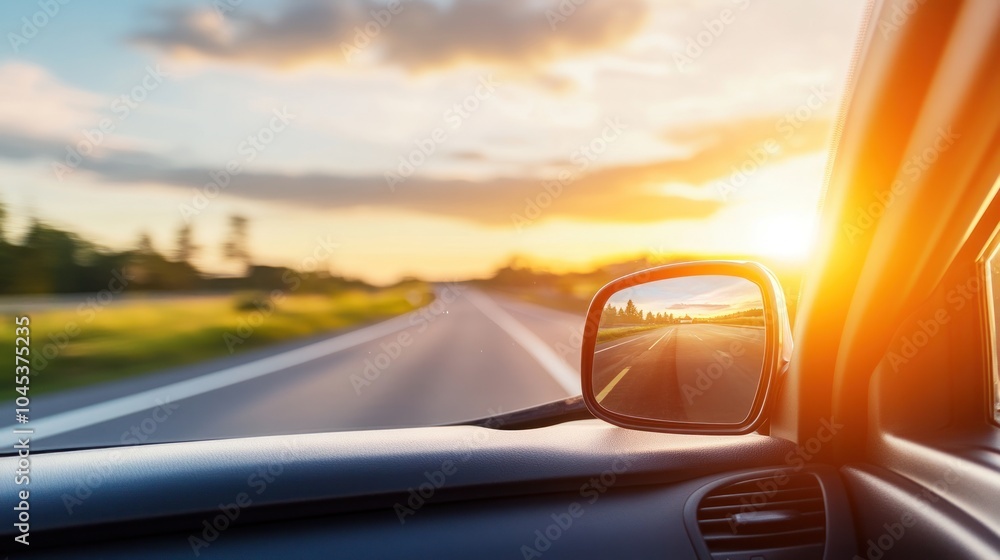 Obraz premium A car drives down a long road with the sun setting in the distance.