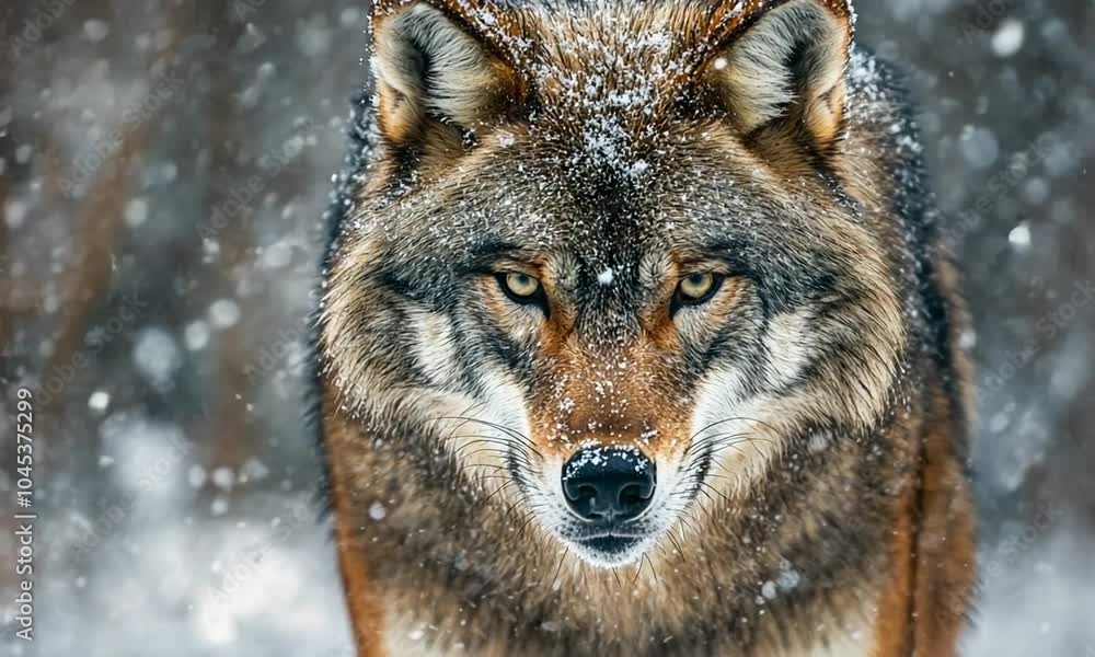 A close-up of a wolf in a snowy environment, showcasing its fierce gaze.