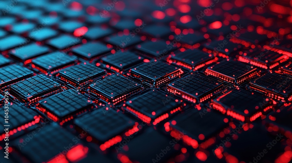 Fototapeta premium Close-up view of intricate microchips illuminated with red and blue lights against a dark background.