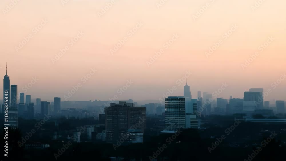 Serene cityscape at dusk with silhouetted skyline under a pastel sky Serene cityscape at dusk with silhouetted skyline under a pastel sky