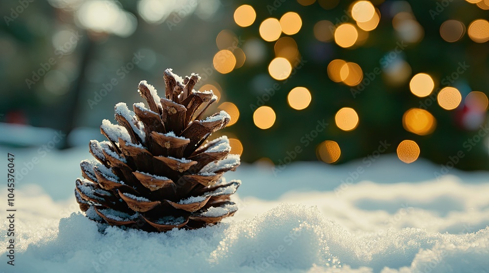 A snow-covered pine cone in focus with a blurred Christmas tree in the background, evoking holiday spirit. A snow-covered pine cone in focus with a blurred Christmas tree in the background, evoking holiday spirit.