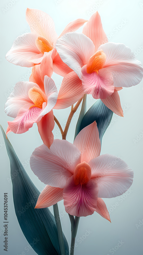 Naklejka premium A delicate close-up of a blooming cattleya orchid in a spring garden, showcasing the beauty of nature with its bright petals .