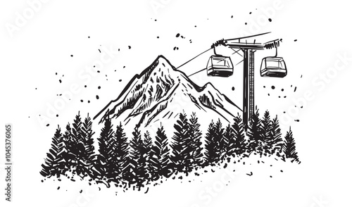 Ski lift in the mountains, hand drawn.	
