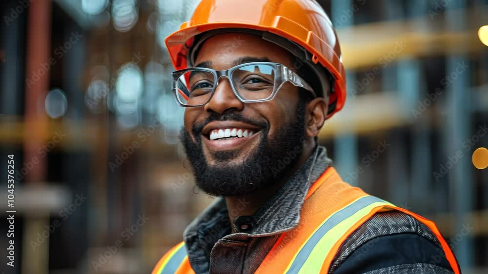 A cheerful construction worker wearing safety gear, including a hard hat, smiles confidently on a construction site, conveying positivity, safety, and hard work. Video A cheerful construction worker wearing safety gear, including a hard hat, smiles confidently on a construction site, conveying positivity, safety, and hard work. Video