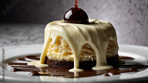 A bar of melting white chocolate cupcake, creamy and glossy, elegantly dripping in rich tendrils, captured in vivid detail to showcase its luxurious texture and mouthwatering appeal.