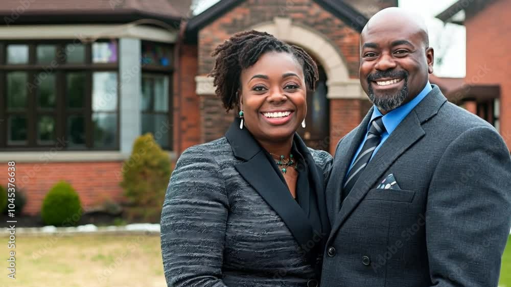 Smiling African American couple standing outside their new house. Happy ...