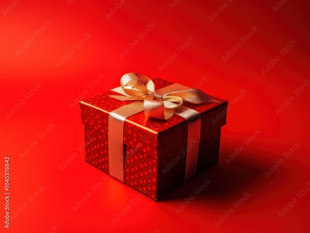 Red Gift Box with Golden Ribbon on Vibrant Background Red Gift Box with Golden Ribbon on Vibrant Background