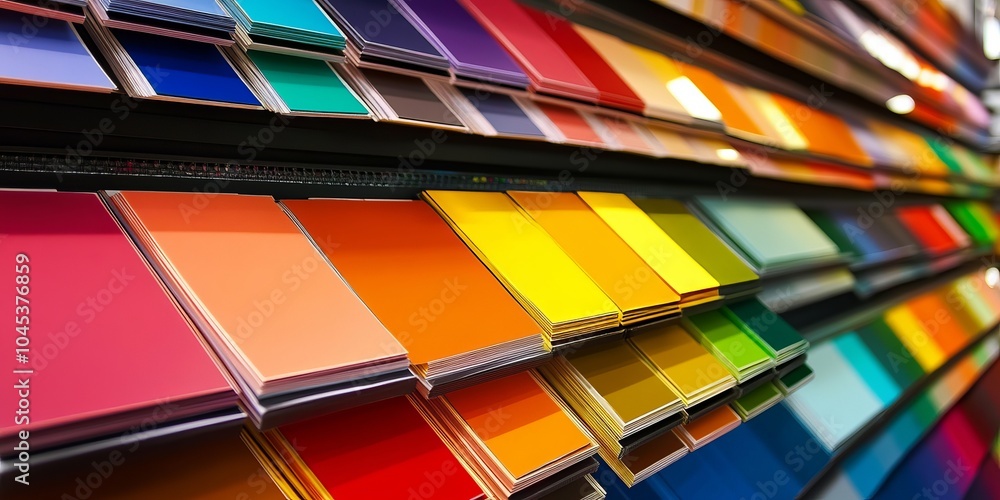 Fototapeta premium A graphic designer's desk with a computer screen and colorful paint swatches.