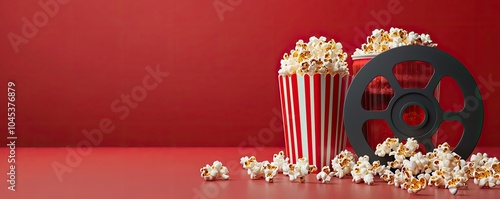Delicious popcorn in striped containers with a film reel on a vibrant red background, perfect for movie night or cinema promotions.