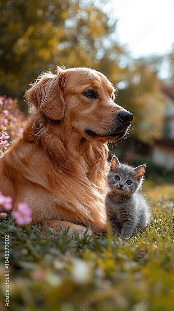 Obraz premium Golden Retriever Gazing Protectively Over Kitten