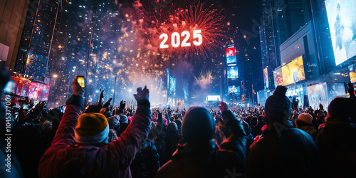 Crowd cheering and celebrating new year 2025 at night with fireworks in times square new york photo