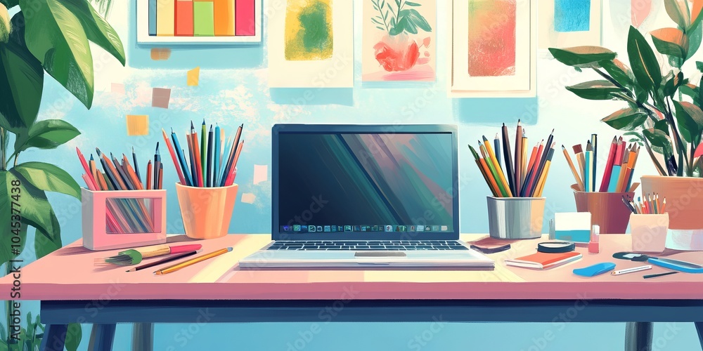 A graphic designer's desk with a laptop and art supplies. A graphic designer's desk with a laptop and art supplies.
