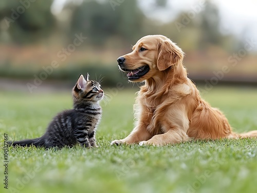 Playful Golden Retriever Puppy with a Kitten in Grass