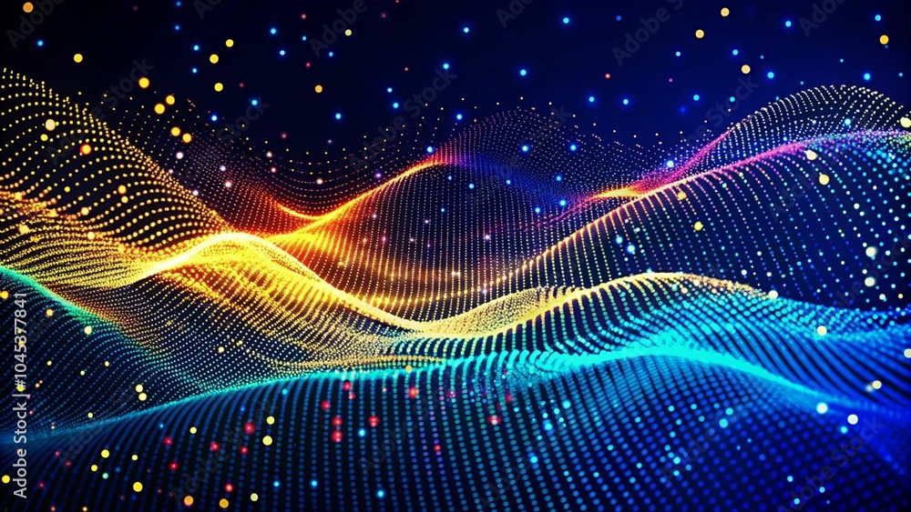 Musical wave. Digital technology background. Abstract structure with glowing dots. Big data. Futuristic digital hexagonal grid. Abstract dark background of particle flow. Science, technology Musical wave. Digital technology background. Abstract structure with glowing dots. Big data. Futuristic digital hexagonal grid. Abstract dark background of particle flow. Science, technology