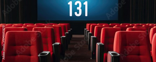 Empty cinema hall with rows of red seats and a large screen displaying the number 131. A perfect setting for movie lovers and entertainment.