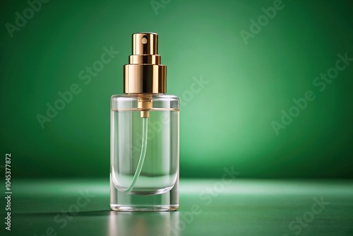 Clear white perfume spray bottle and champagne gold cap in green mockup forced perspective