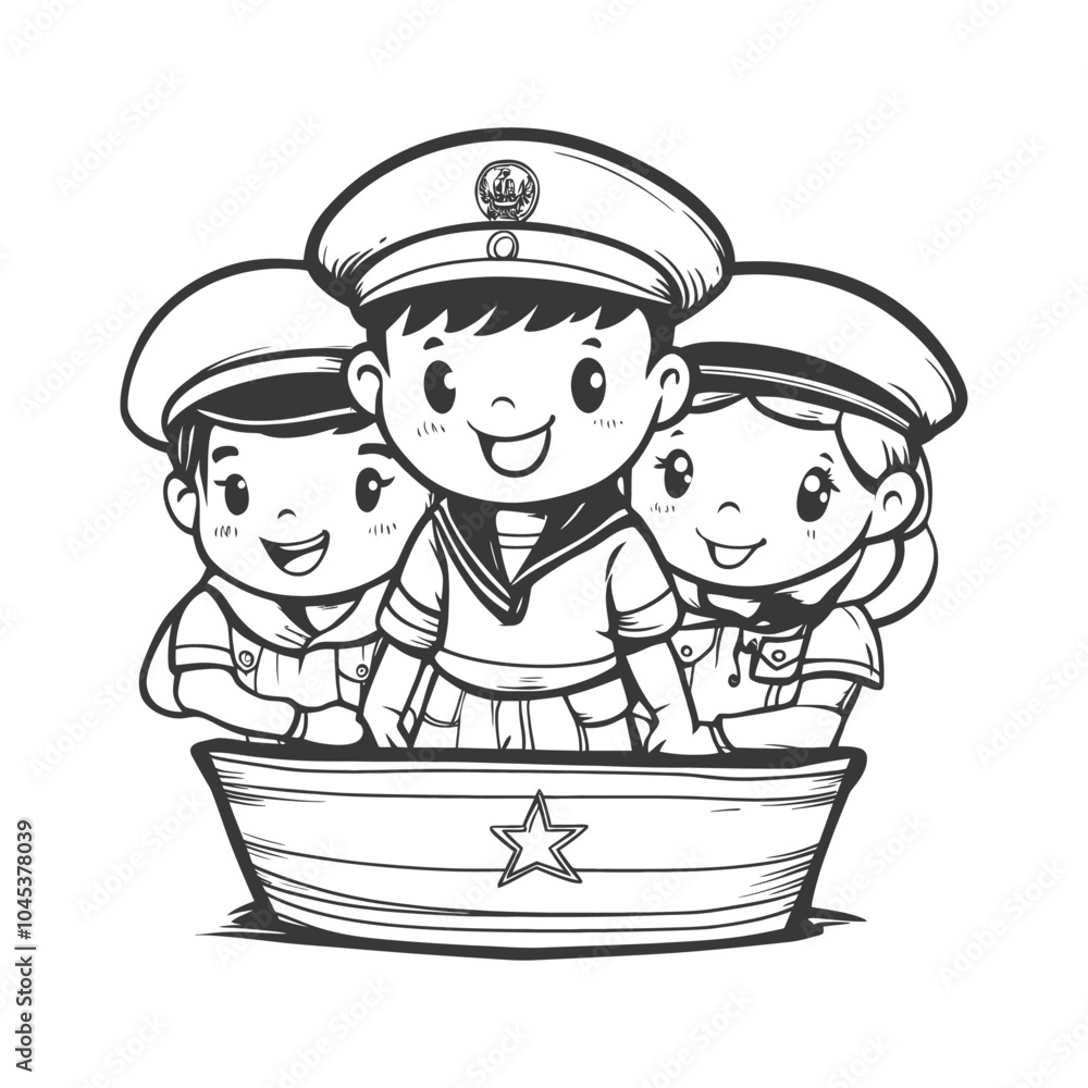 Three Cartoon Children Wearing Sailor Hats and Standing in a Boat Three Cartoon Children Wearing Sailor Hats and Standing in a Boat