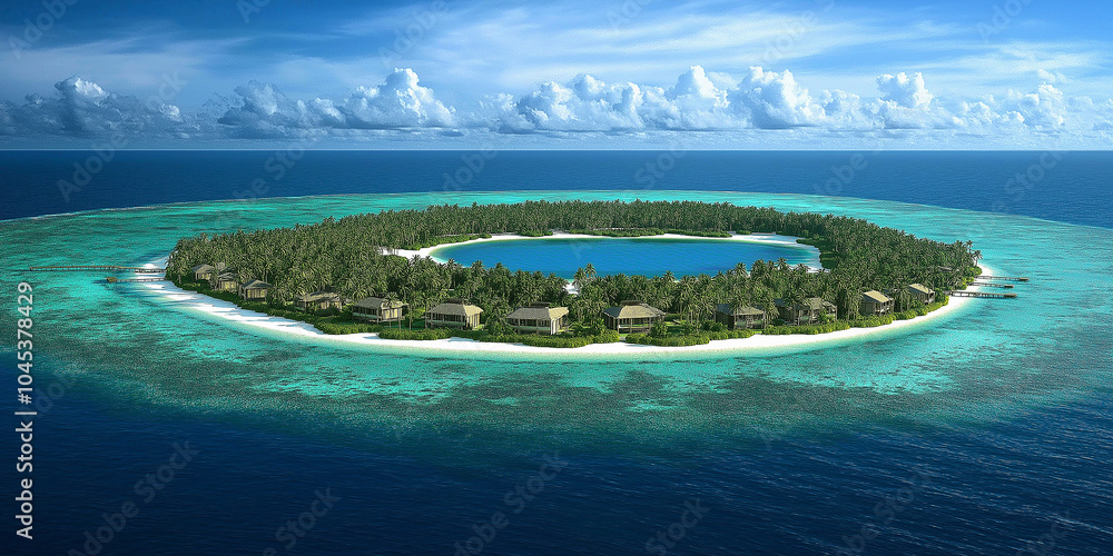 Obraz premium Tropical island resort surrounded by azure lagoon and coral reef