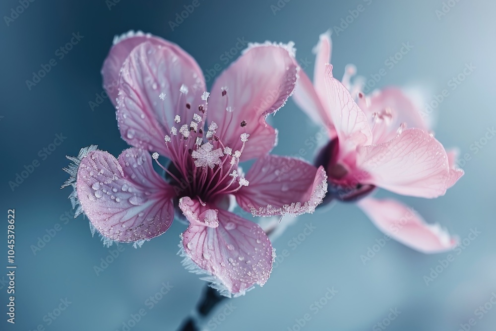 Delicate Pink Flower with Frost and Water Droplets Delicate Pink Flower with Frost and Water Droplets