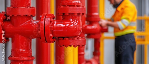 Worker inspecting red piping in an industrial setting, focus on machinery, safety gear visible.