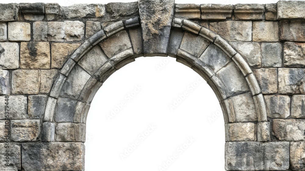 Ancient stone arc gate isolated on white, showcasing intricate stonework and aged details. Ancient stone arc gate isolated on white, showcasing intricate stonework and aged details.