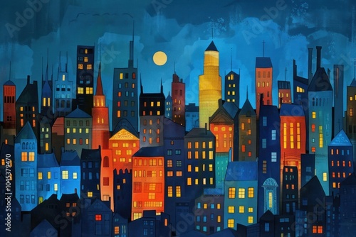 The buildings are brightly coloured night city metropolis. photo